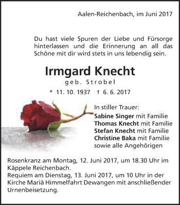 Traueranzeige von Irmgard Knecht von Schwäbische Post