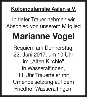 Traueranzeige von Marianne Vogel von Schwäbische Post
