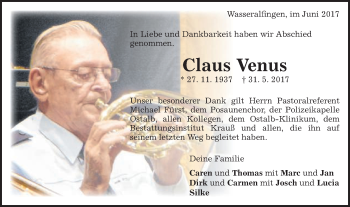 Traueranzeige von Claus Venus von Schwäbische Post