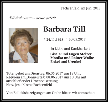 Traueranzeige von Barbara Till von Schwäbische Post