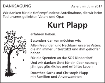 Traueranzeige von Kurt Plapp von Schwäbische Post