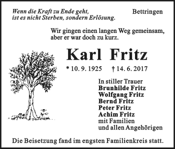 Traueranzeige von Karl Fritz von Gmünder Tagespost