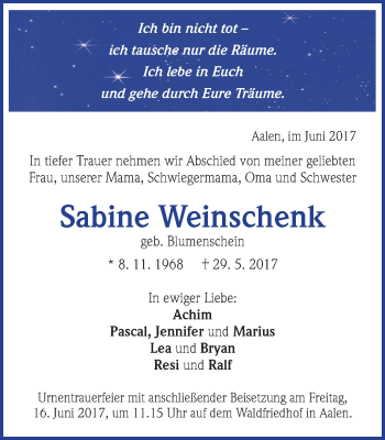 Traueranzeige von Sabine Weinschenk von Schwäbische Post
