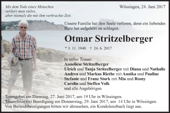 Traueranzeige von Otmar Stritzelberger von Schwäbische Post