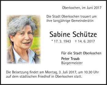 Traueranzeige von Sabine Schütze von Amtsblatt_Oko