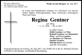Traueranzeige von Regina Gentner von Gmünder Tagespost
