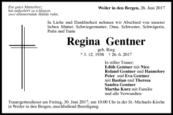 Traueranzeige von Regina Gentner