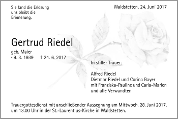 Traueranzeige von Gertrud Riedel von Gmünder Tagespost