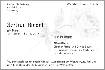 Traueranzeige von Gertrud Riedel