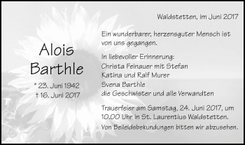 Traueranzeige von Alois Barthle von Gmünder Tagespost