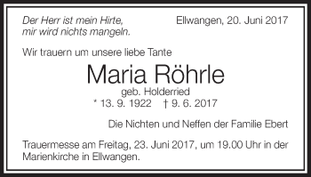 Traueranzeige von Maria Röhrle von Schwäbische Post