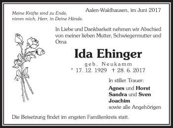 Traueranzeige von Ida Ehinger von Schwäbische Post