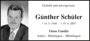 Traueranzeige von Günther Schüler von Schwäbische Post