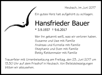 Traueranzeige von Hansfrieder Bauer von Gmünder Tagespost