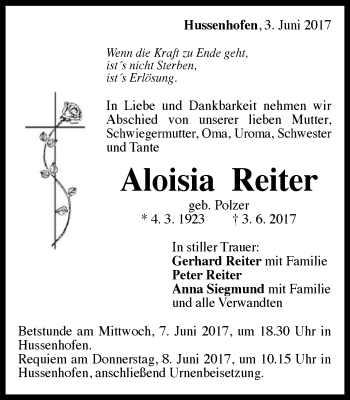 Traueranzeige von Aloisia Reiter von Gmünder Tagespost