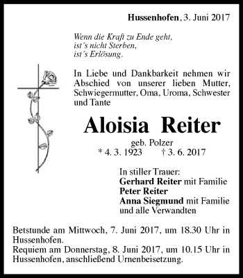 Traueranzeige von Aloisia Reiter