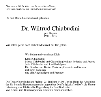 Traueranzeige von Wiltrud Chiabudini von Gmünder Tagespost