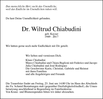 Traueranzeige von Wiltrud Chiabudini