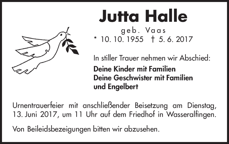  Traueranzeige für Jutta Halle vom 10.06.2017 aus Schwäbische Post
