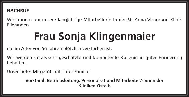  Traueranzeige für Sonja Klingenmaier vom 10.06.2017 aus Schwäbische Post