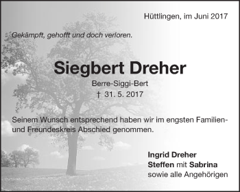 Traueranzeige von Siegbert Dreher von Schwäbische Post