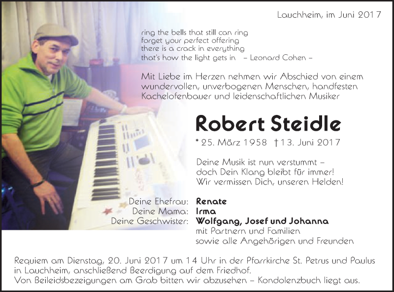  Traueranzeige für Robert Steidle vom 17.06.2017 aus Schwäbische Post