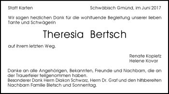 Traueranzeige von Theresia Bertsch von Gmünder Tagespost