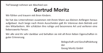 Traueranzeige von Gertrud Moritz