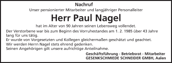 Traueranzeige von Paul Nagel von Schwäbische Post