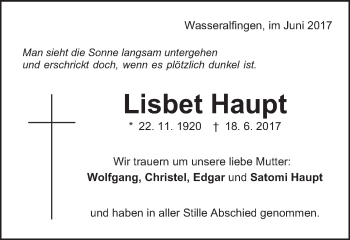 Traueranzeige von Lisbet Haupt von Schwäbische Post