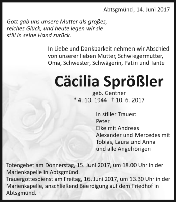 Traueranzeige von Cäcilia Sprößler von Schwäbische Post