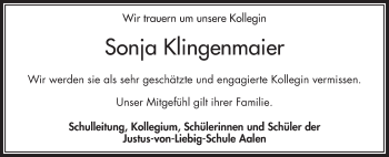 Traueranzeige von Sonja Klingenmaier von Schwäbische Post