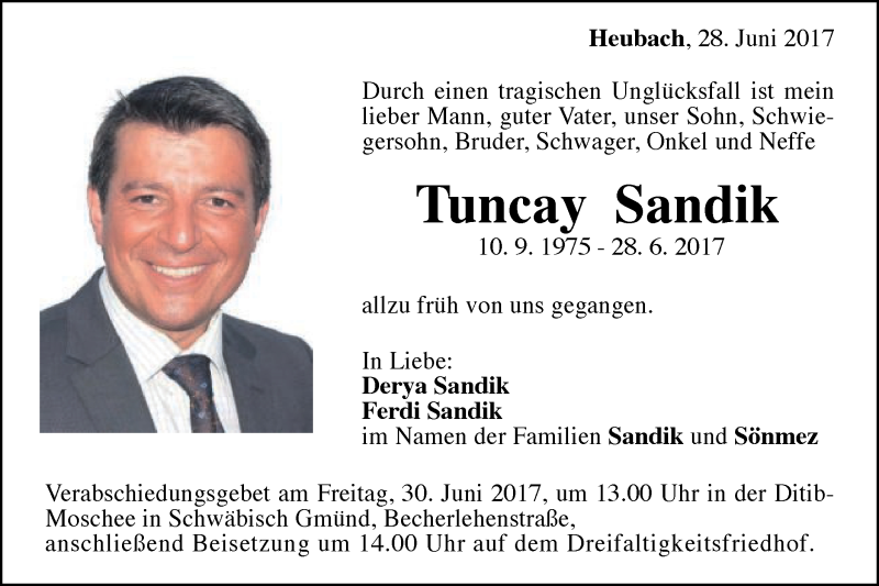  Traueranzeige für Tuncay Sandik vom 30.06.2017 aus Gmünder Tagespost