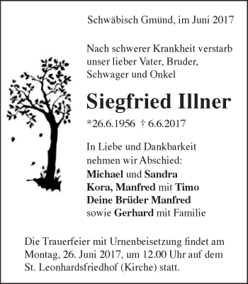 Traueranzeige von Siegfried Illner von Gmünder Tagespost