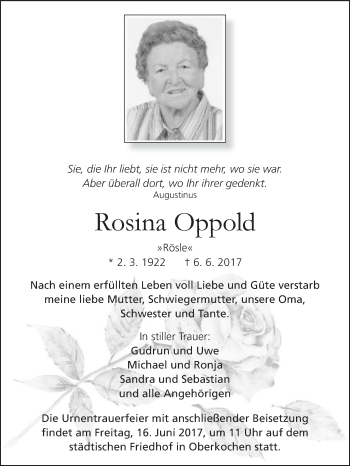 Traueranzeige von Rosina Oppold von Schwäbische Post