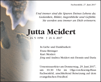 Traueranzeige von Jutta Meidert von Schwäbische Post