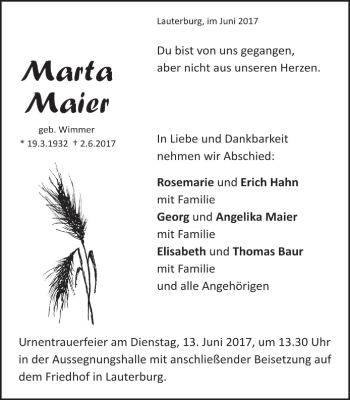 Traueranzeige von Marta Maier von Schwäbische Post