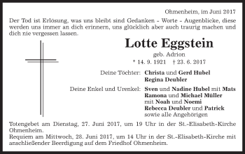 Traueranzeige von Lotte Eggstein von Schwäbische Post