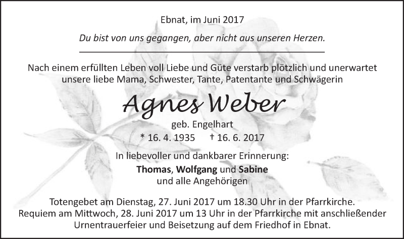  Traueranzeige für Agnes Weber vom 24.06.2017 aus Schwäbische Post