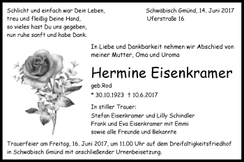 Traueranzeige von Hermine Eisenkramer von Gmünder Tagespost