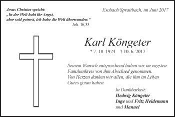 Traueranzeige von Karl Köngeter von Gmünder Tagespost