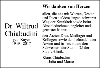 Traueranzeige von Wiltrud Chiabudini von Gmünder Tagespost