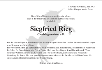 Traueranzeige von Siegfried Rieg von Gmünder Tagespost