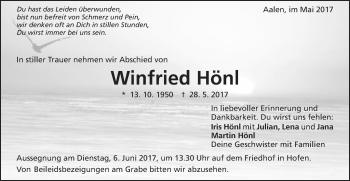 Traueranzeige von Winfried Hönl von Schwäbische Post