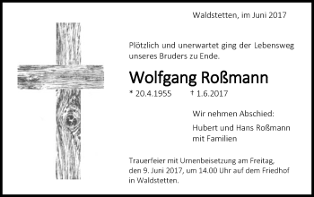 Traueranzeige von Wolfgang Roßmann von Gmünder Tagespost