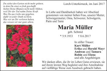 Traueranzeige von Maria Müller von Gmünder Tagespost