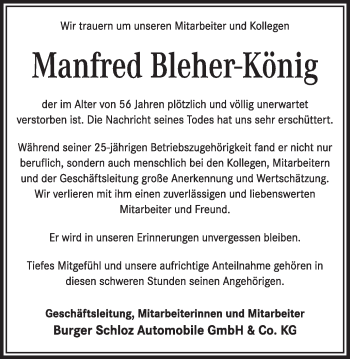Traueranzeige von Manfred Bleher-König von Gmünder Tagespost