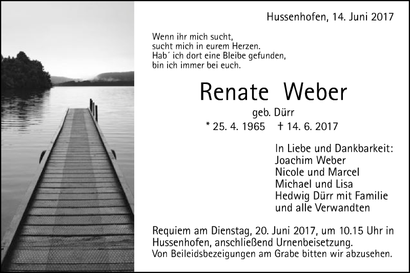  Traueranzeige für Renate Weber vom 17.06.2017 aus Gmünder Tagespost