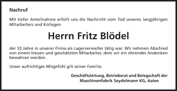 Traueranzeige von Fritz Blödel von Schwäbische Post