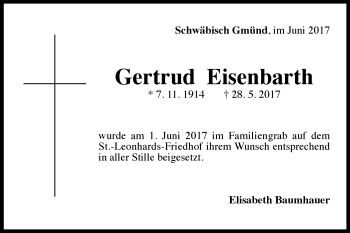 Traueranzeige von Gertrud Eisenbarth 